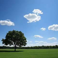 Fototapeta premium serene landscape featuring large tree standing alone on vibrant green field under clear blue sky adorned with fluffy white clouds. scene evokes sense of tranquility and natural beauty