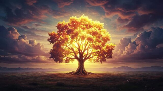 Majestic tree illuminated by sunset against a dramatic sky  