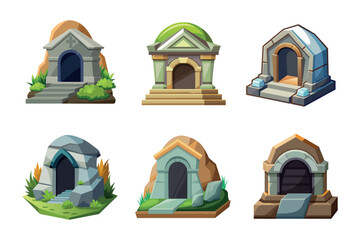 Cartoon illustration of different stone crypt and tomb variations for game design