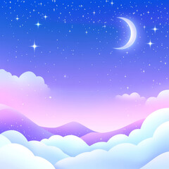 serene night sky filled with twinkling stars and crescent moon illuminates soft, fluffy clouds in shades of blue and purple. tranquil atmosphere evokes sense of calm and wonder
