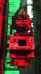 abstract representation featuring futuristic structure in red and green hues, evoking sense of chaos and digital innovation. intricate details create captivating visual experience