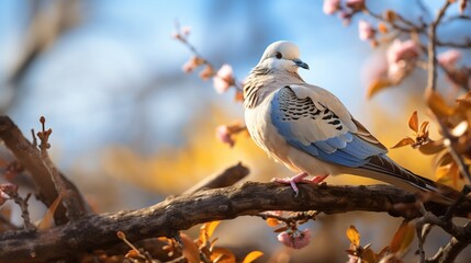 A  Dove Perched on a Branch with Pink Flowers