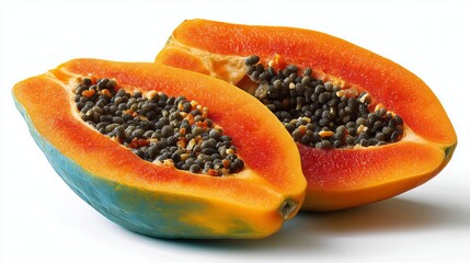 Two halves of a papaya fruit showing the orange flesh and black seeds on a white background surface