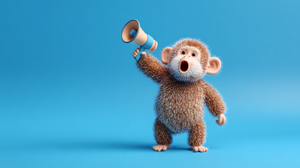 Fototapeta premium Adorable cartoon monkey with a megaphone expressing excitement against a bright blue background