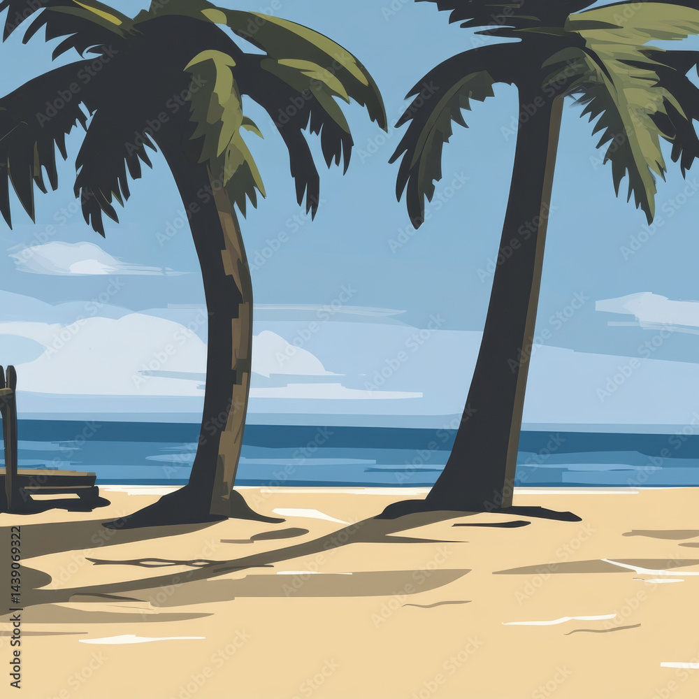 Wall mural serene beach scene featuring tall palm trees swaying gently in breeze, with calm ocean in background