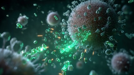 Detailed illustration of virus attack and cellular response.