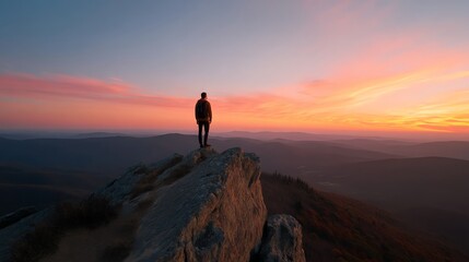 Person Standing on Rock Mountain Peak Enjoying Epic Sunset Views