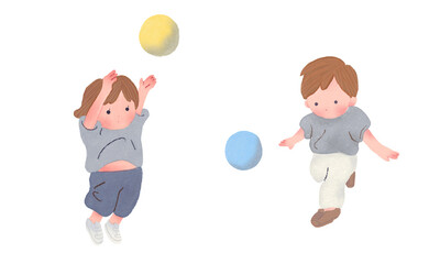 ボール遊びをする男の子と女の子のイラストセット