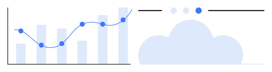 Bar chart with line graph, data points, and cloud icon representing analytics, growth, and digital connectivity. Ideal for analytics, progress, growth, technology cloud solutions data management