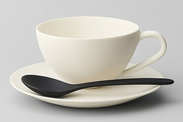Cream-colored cup and saucer with black spoon