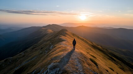 Person Walking on Mountain Ridge at Sunset with Dramatic Sky