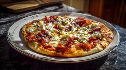 A close up shot of a pizza on a decorative plate sitting on a dark marble countertop in a kitchen area