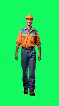 Construction Worker Walking: A cheerful construction worker in a hardhat and work overalls confidently walks toward the camera, exuding professionalism and determination in a studio setting.  