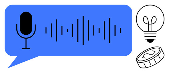 Microphone in speech bubble with soundwave, lightbulb, and coin signifying voice recording, innovation, and value creation. Ideal for tech, communication, finance, creativity ideas podcasts flat