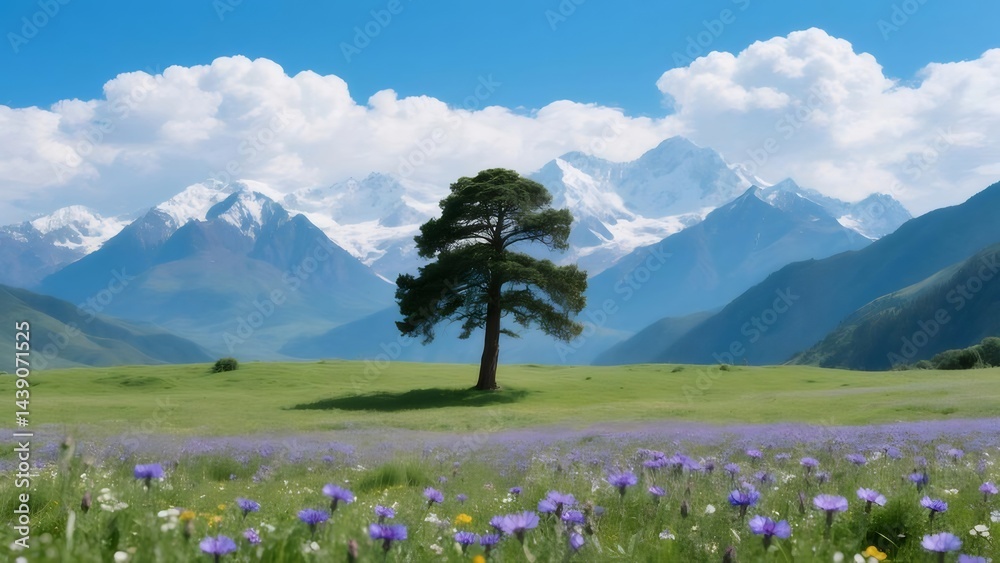 Poster 鮮やかな緑の草原にそびえ立つ木々と雪山背景の青空の下の花畑