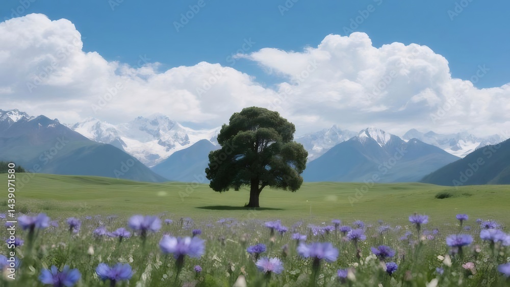 Poster 緑豊かな草原にそびえる孤立した木 青い花が咲き乱れる草地の風景 青い空と白い雲の背景