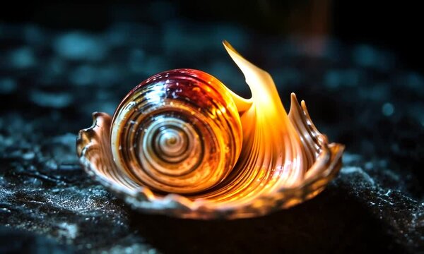 A beautifully crafted shell nestled in a decorative dish, illuminated by a flickering flame, creating an enchanting atmosphere