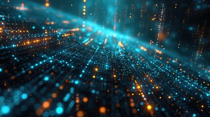 Naklejka premium Abstract digital background with orange and teal glowing dots. Perspective view of glowin blue dots flowing and floating at dark background. Technology innovation design. Energetic wave. AIG51.