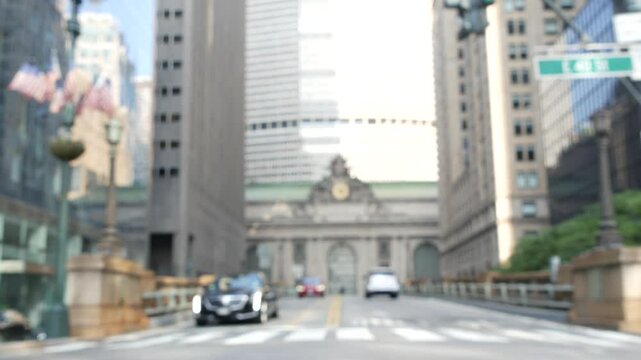 New York City Grand Central Terminal railway station building architecture, 42 street. Manhattan Midtown. Yellow taxi cab, car transport, Pershing Square bridge, NYC, USA. American urban road traffic.