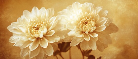 Two creamy dahlia flowers bloom against a textured, sepia-toned, abstract background
