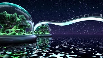 Futuristic glass dome over water with trees and grass inside above starry night sky