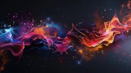 Abstract swirling colorful waves on a black background. Digital artwork of vibrant color liquid splashing and mixing at white background. Artistic and creative concept. Motion shot design. AIG53.