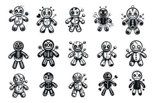 Collection of fifteen different stylized voodoo doll illustrations on a white background