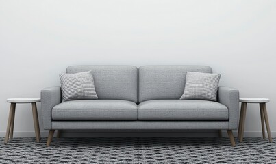 Fototapeta premium 3D render of a modern interior design with a gray sofa and a white marble table on a concrete wall background. Minimalist home decor, a mock-up for presentation.