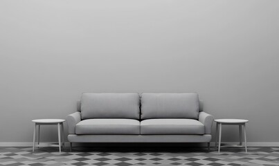 3D render of a modern interior design with a gray sofa and a white marble table on a concrete wall background. Minimalist home decor, a mock-up for presentation.