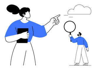 Woman pointing ahead while holding a tablet, man exploring with magnifying glass under cloud. Ideal for brainstorming, team collaboration, strategy, research, analytics, innovation, simple landing