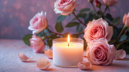 Wellness focused candlelit spa ambiance with pastel roses providing calming beauty product experience and peaceful aromatherapy therapy stock photo wallpaper background