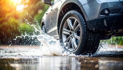 Motion blur of car tire splashing through water in rain