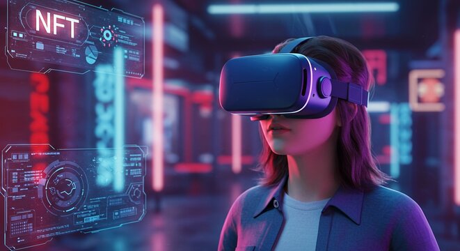Woman in Virtual Reality Metaverse NFT Exploring Digital Art and Cryptocurrencies