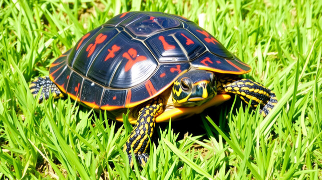 Painted turtle in vibrant colors, basking on lush green grass.