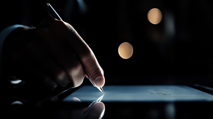Man signing digital document, dark office background, legal agreement