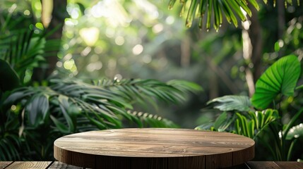 Wooden platform in a dense jungle with lush green foliage. Wooden podium with green leaves and tropical forest background. Nature background with copy space. Natural environment design. AIG51.