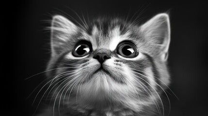 Fototapeta premium Adorable kitten gazing upward in monochrome