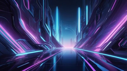 A futuristic cityscape with neon lights and abstract architecture creating a vibrant, glowing path.