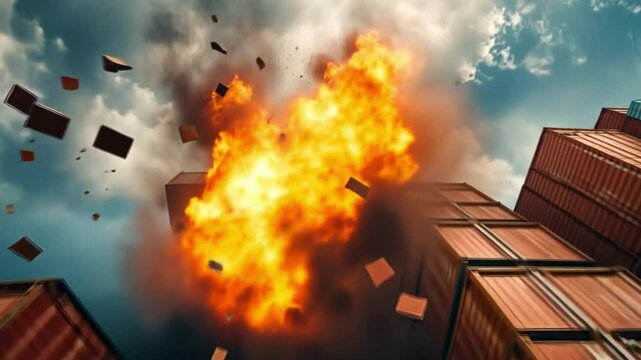 Massive explosion in shipping container yard creates chaos and debris in urban location