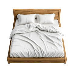 A white bed with two pillows and a white comforter. The bed is made and looks inviting