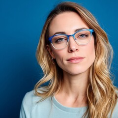 Fototapeta premium A woman wearing a blue shirt and blue glasses