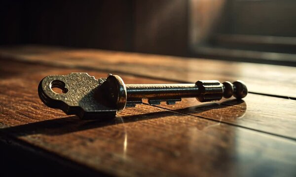 A close-up of an antique key resting on a wooden table, with soft light illuminating the scene