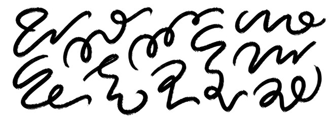 Black squiggle brush stroke set. Wiggly paint line collection. Charcoal curly flourish pack for highlight, underline, emphasis. Crayon wavy undulate strips. Rough chalk scribble swoosh stripes. Vector