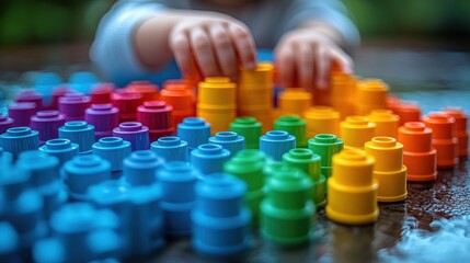 Child playing with colorful building blocks outdoors, creating structures with focus