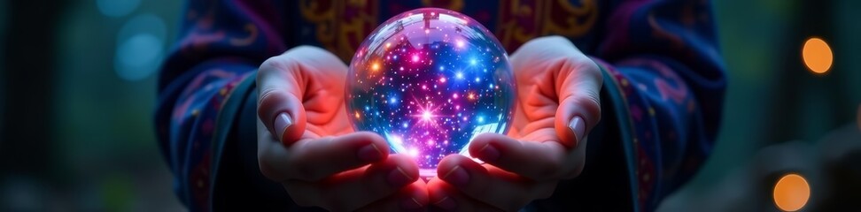 Close up of crystal ball in fortune teller's mystical hands, crystal ball, mystical