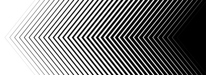 Black line arrow background. Repeating triangle gradation pattern backdrop. Fading halftone stripe gradient texture. Thin to thick speed line concept for overlay, poster, print, cover, banner. Vector