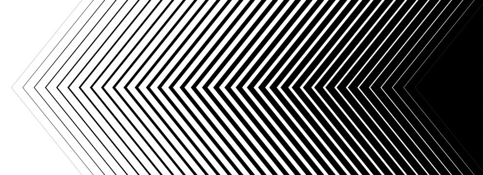 Black line arrow background. Repeating triangle gradation pattern backdrop. Fading halftone stripe gradient texture. Thin to thick speed line concept for overlay, poster, print, cover, banner. Vector