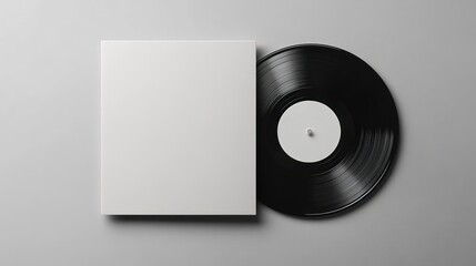 Vinyl record and blank cover on grey background; music design