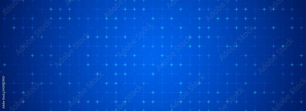Aufkleber Blue glowing square grid background. Cross and dot tech network backdrop. Abstract checkered dashboard pattern for science, technology, business, healthcare, medicine design template. Vector wallpaper