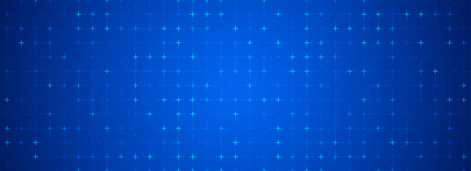Blue glowing square grid background. Cross and dot tech network backdrop. Abstract checkered dashboard pattern for science, technology, business, healthcare, medicine design template. Vector wallpaper